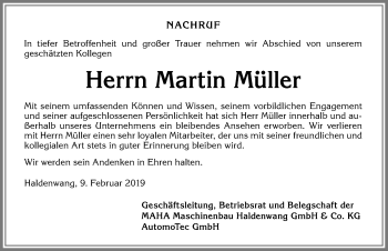 Traueranzeige von Martin Müller von Allgäuer Zeitung,Kempten