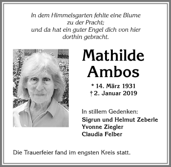 Traueranzeige von Mathilde Ambos von Allgäuer Zeitung,Kempten