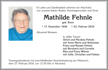 Traueranzeige von Mathilde Fehnle von Allgäuer Zeitung,Kempten