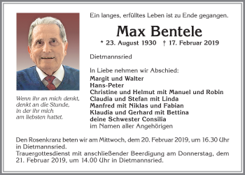Traueranzeige von Max Bentele von Allgäuer Zeitung,Kempten