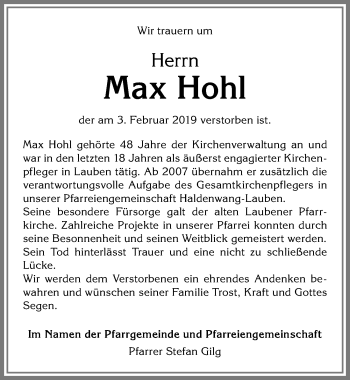 Traueranzeige von Max Hohl von Allgäuer Zeitung,Kempten