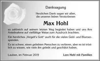 Traueranzeige von Max Hohl von Allgäuer Zeitung,Kempten