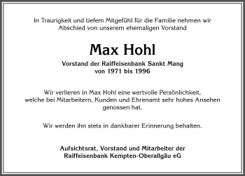 Traueranzeige von Max Hohl von Allgäuer Zeitung,Kempten