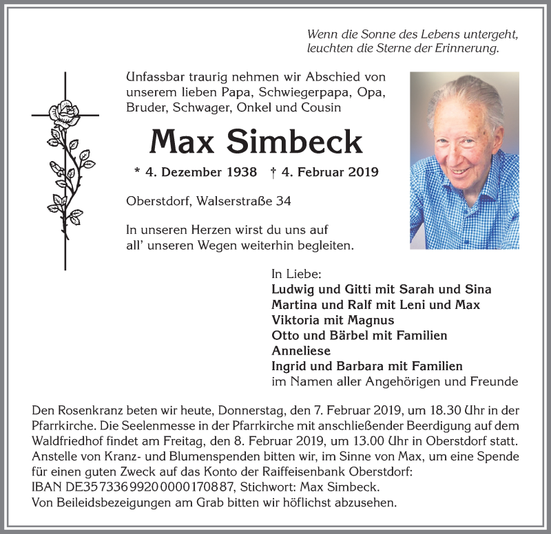  Traueranzeige für Max Simbeck vom 07.02.2019 aus Allgäuer Anzeigeblatt