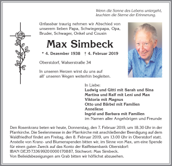 Traueranzeige von Max Simbeck von Allgäuer Anzeigeblatt