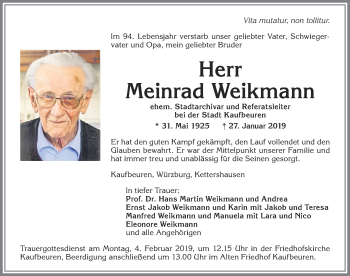 Traueranzeige von Meinrad Weikmann von Allgäuer Zeitung, Kaufbeuren/Buchloe