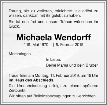 Traueranzeige von Michaela Wendorff von Memminger Zeitung