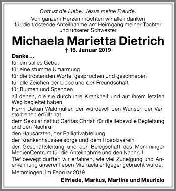 Traueranzeige von Michaela Marietta Dietrich von Memminger Zeitung