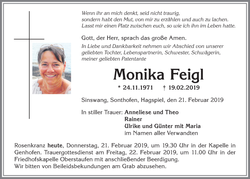  Traueranzeige für Monika Feigl vom 21.02.2019 aus Allgäuer Anzeigeblatt