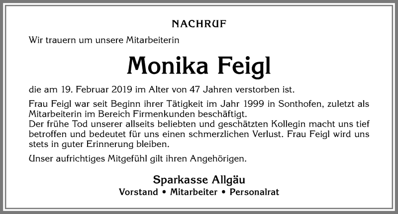  Traueranzeige für Monika Feigl vom 22.02.2019 aus Allgäuer Anzeigeblatt