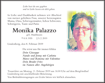 Traueranzeige von Monika Palazzo von Der Westallgäuer