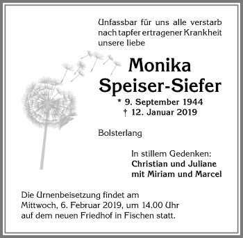 Traueranzeige von Monika Speiser-Siefer von Allgäuer Anzeigeblatt