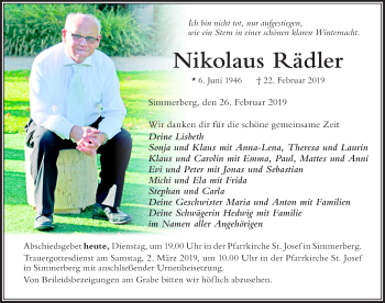 Traueranzeige von Nikolaus Rädler von Der Westallgäuer