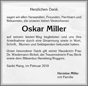 Traueranzeige von Oskar Miller von Allgäuer Zeitung,Kempten
