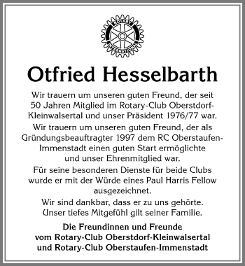 Traueranzeige von Otfried Hesselbarth von Allgäuer Anzeigeblatt