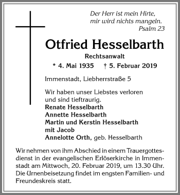 Traueranzeige von Otfried Hesselbarth von Allgäuer Anzeigeblatt