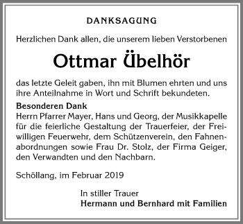 Traueranzeige von Ottmar Übelhör von Allgäuer Anzeigeblatt