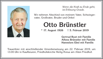 Traueranzeige von Otto Brünstler von Allgäuer Zeitung, Kaufbeuren/Buchloe