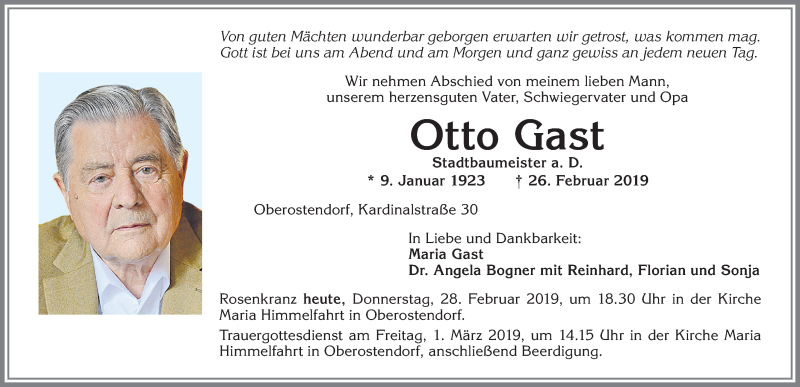  Traueranzeige für Otto Gast vom 28.02.2019 aus Allgäuer Zeitung, Kaufbeuren/Buchloe