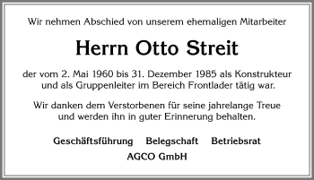 Traueranzeige von Otto Streit von Allgäuer Zeitung, Marktoberdorf