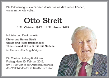 Traueranzeige von Otto Streit von Allgäuer Zeitung