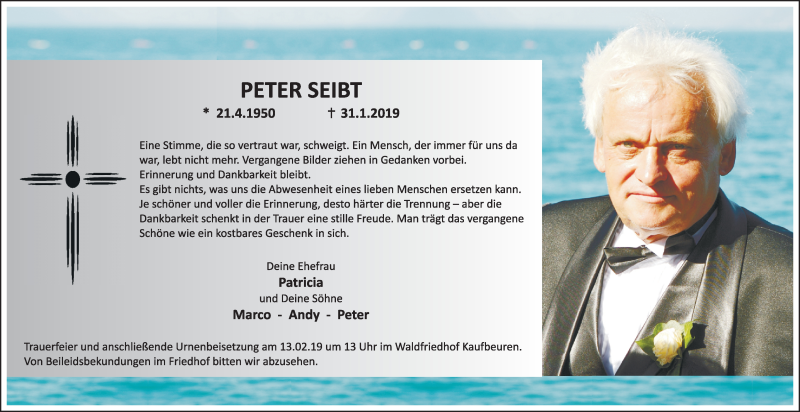  Traueranzeige für Peter Seibt vom 09.02.2019 aus Allgäuer Zeitung, Kaufbeuren/Buchloe
