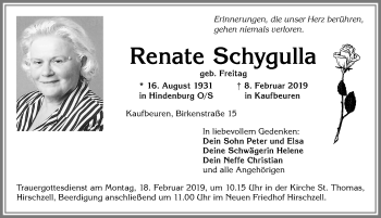 Traueranzeige von Renate Schygulla von Allgäuer Zeitung, Kaufbeuren/Buchloe
