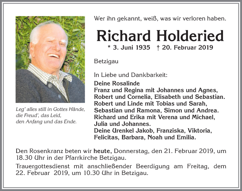 Traueranzeige für Richard Holderied vom 21.02.2019 aus Allgäuer Zeitung,Kempten