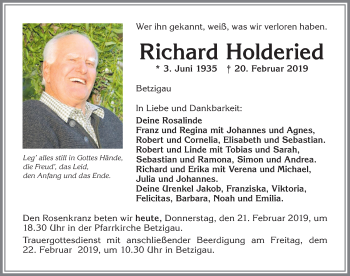 Traueranzeige von Richard Holderied von Allgäuer Zeitung,Kempten