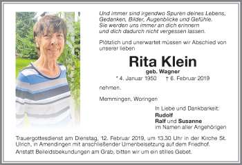 Traueranzeige von Rita Klein von Memminger Zeitung