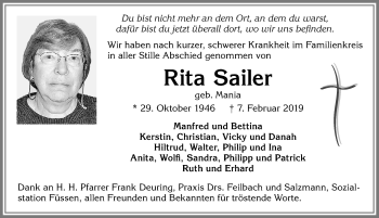 Traueranzeige von Rita Sailer von Allgäuer Zeitung, Füssen