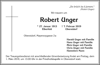 Traueranzeige von Robert Unger von Allgäuer Anzeigeblatt