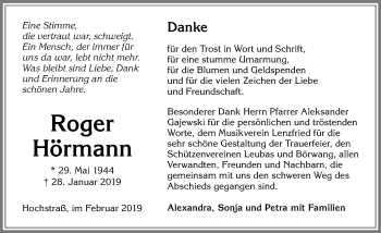 Traueranzeige von Roger Hörmann von Allgäuer Zeitung,Kempten