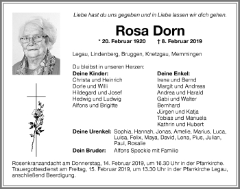Traueranzeige von Rosa Dorn von Memminger Zeitung