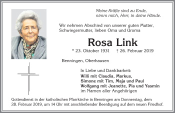 Traueranzeige von Rosa Link von Memminger Zeitung