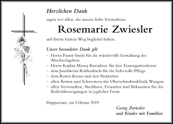 Traueranzeige von Rosemarie Zwiesler von Der Westallgäuer