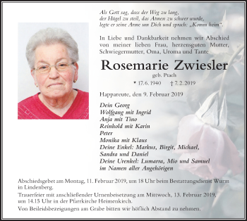 Traueranzeige von Rosemarie Zwiesler von Der Westallgäuer