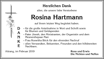 Traueranzeige von Rosina Hartmann von Allgäuer Zeitung, Marktoberdorf