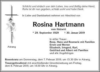 Traueranzeige von Rosina Hartmann von Allgäuer Zeitung, Marktoberdorf