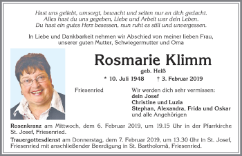 Traueranzeige von Rosmarie Klimm von Allgäuer Zeitung