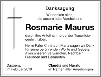 Traueranzeige von Rosmarie Maurus von Memminger Zeitung