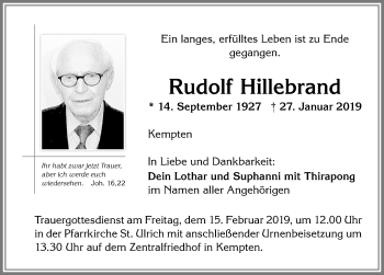 Traueranzeige von Rudolf Hillebrand von Allgäuer Zeitung,Kempten
