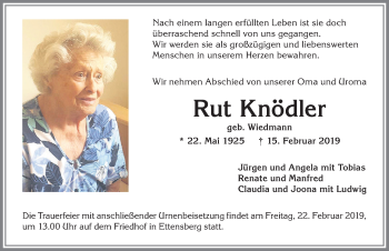 Traueranzeige von Rut Knödler von Allgäuer Anzeigeblatt