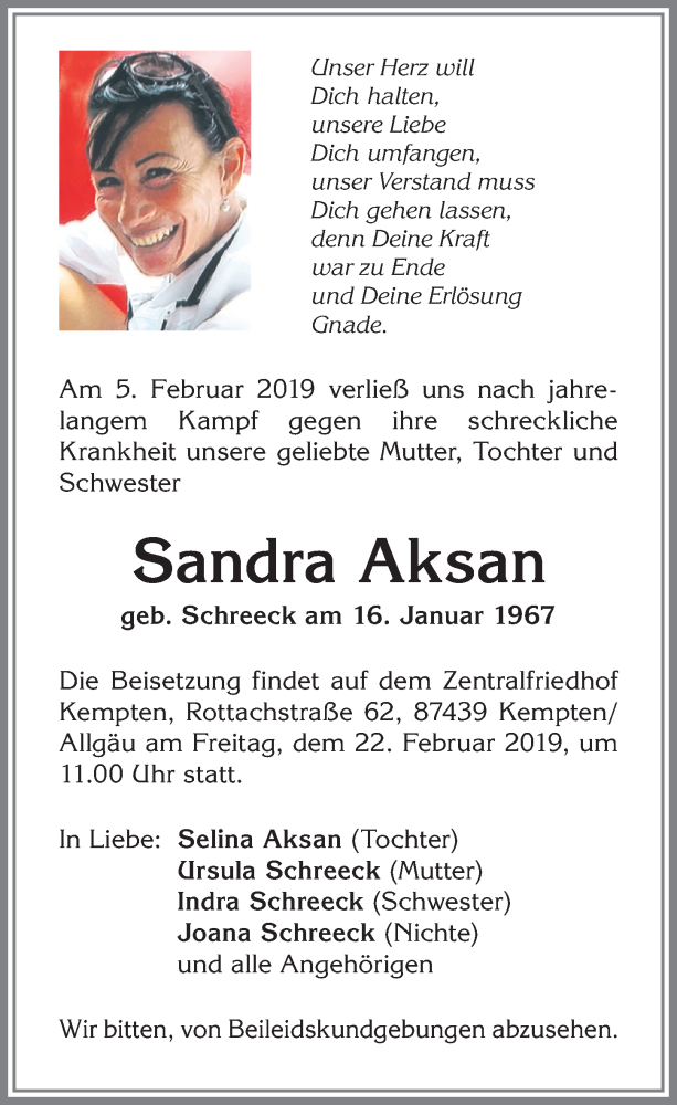  Traueranzeige für Sandra Aksan vom 09.02.2019 aus Allgäuer Anzeigeblatt