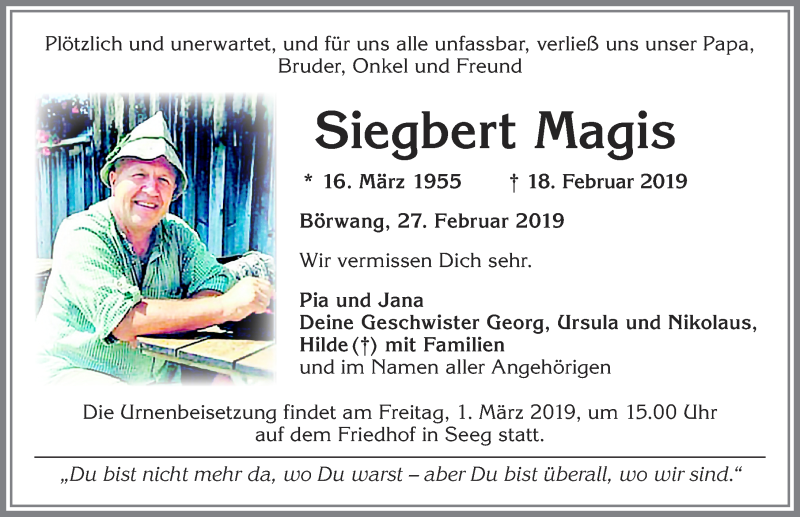  Traueranzeige für Siegbert Magis vom 27.02.2019 aus Allgäuer Zeitung,Kempten