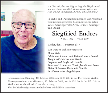 Traueranzeige von Siegfried Endres von Der Westallgäuer