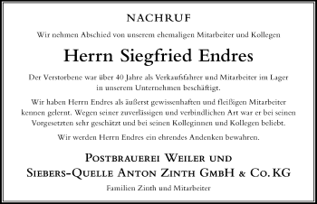 Traueranzeige von Siegfried Endres von Der Westallgäuer