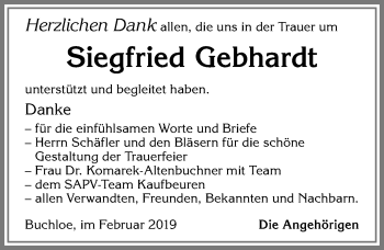 Traueranzeige von Siegfried Gebhardt von Allgäuer Zeitung, Kaufbeuren/Buchloe