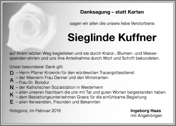 Traueranzeige von Sieglinde Kuffner von Memminger Zeitung