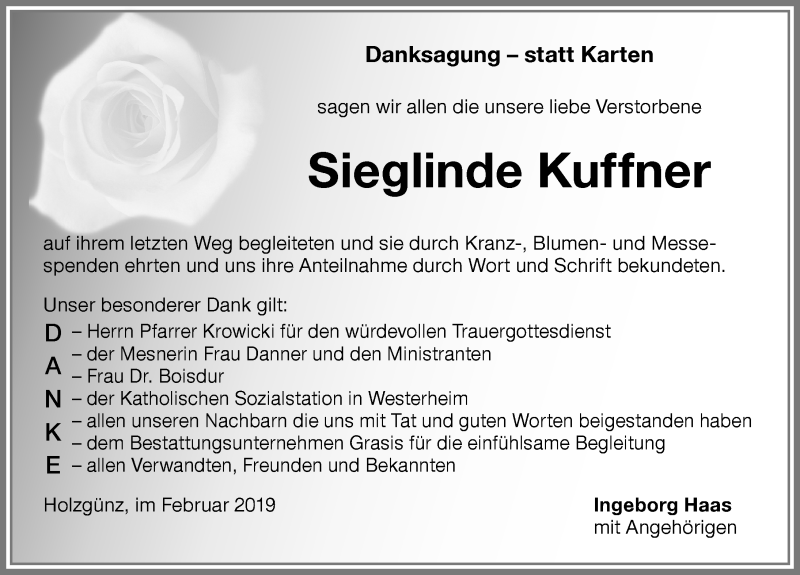  Traueranzeige für Sieglinde Kuffner vom 09.02.2019 aus Memminger Zeitung